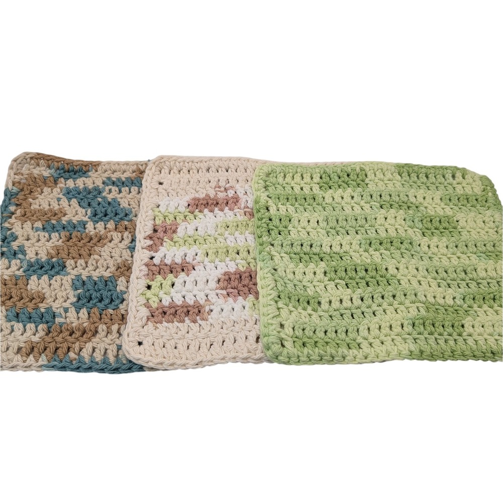 New Handmade Crocheted Potholders Hot Pads Cotton‎ Tan Blue Green Set of Three